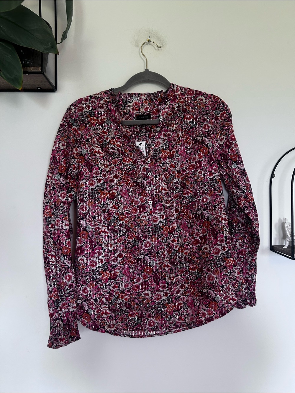 NWT Talbots Cotton Metallic Floral Print Half‎ Button Long Sleeve Blouse Small